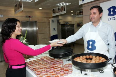 מנכ''ל בזק אבי גבאי מגיש ארוחת בוקר לעובדת מופתעת, עלק. צילום: פז בר, יחצנות בזק