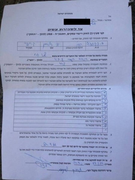 הצו המשטרתי נגד בית הקפה אלבי. צילום מהפייסבוק של ח"כ תמי זנדברג