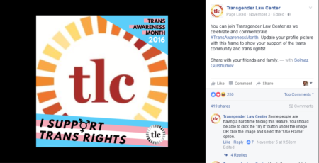 באנר תמיכה בזכויות טראנס, שמקדם ה-Transgender Law Center