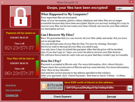 הודעת ההצפנה ודרישת התשלום שהכופרה WannaCry מציגה על מחשבים נגועים