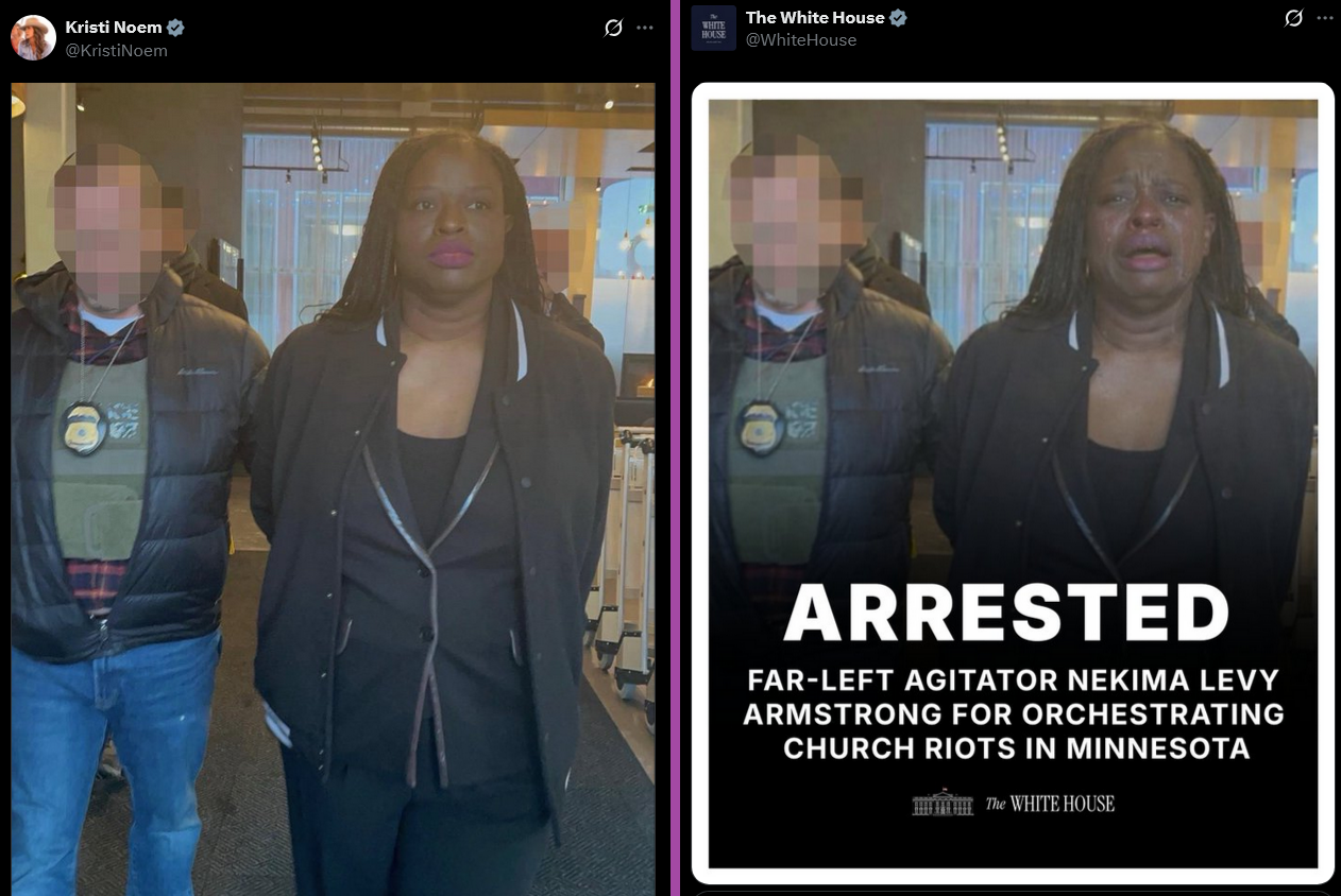 נקימה לוי ארמסטרונג בתמונה המפוברקת אצל הבית הלבן ובתמונה המקורית אצלקריסטי נואם